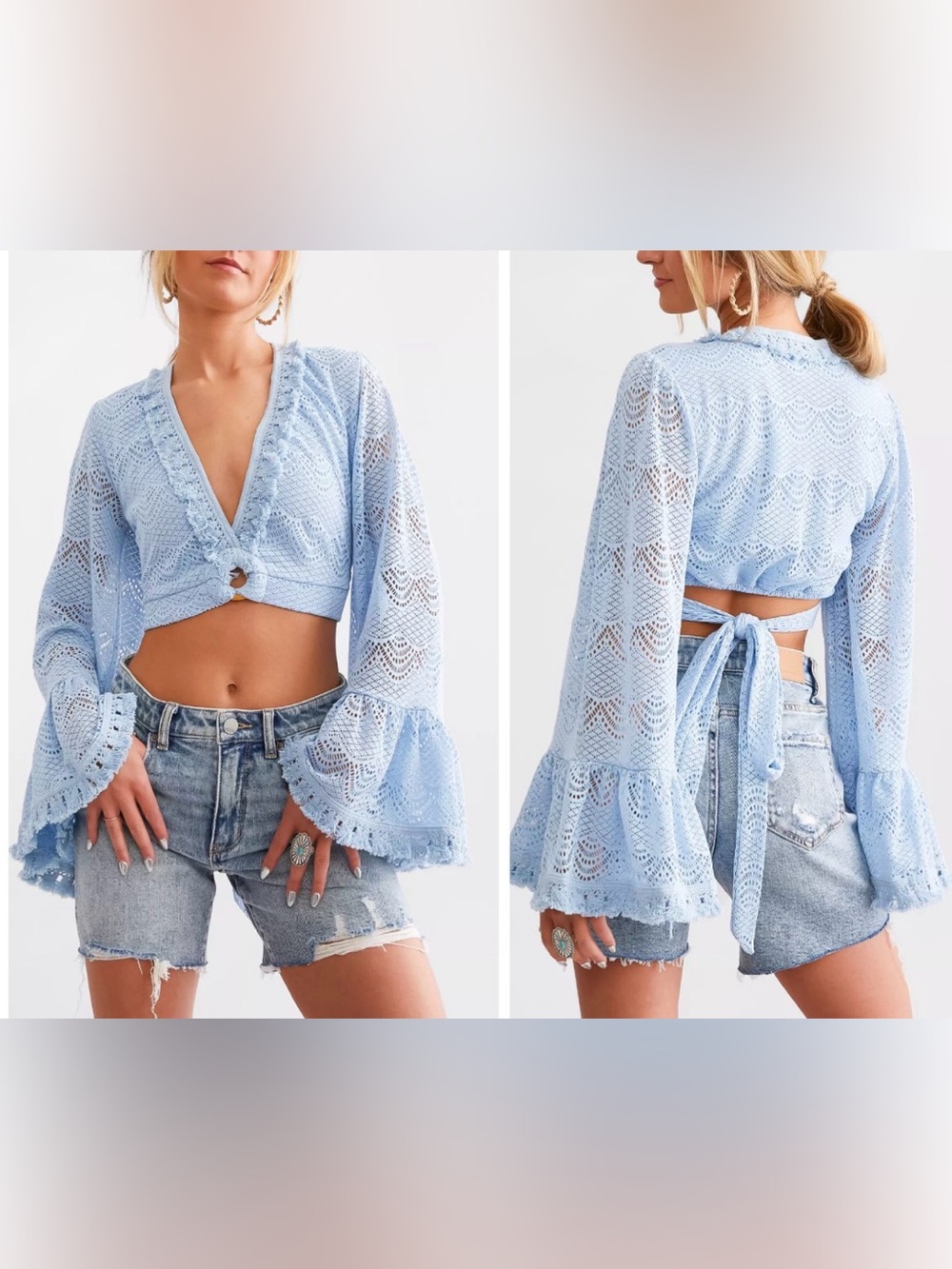 Buckle’s Willow & Root Chambray Blue Crochet Fringed Boho Bell Sleeve Crop Top M